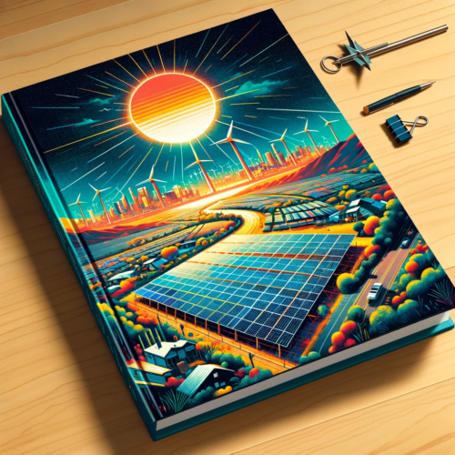An illustrated book cover showing a large solar farm with numerous solar panels under a bright sun, set against a backdrop blending urban and rural landscapes. The title is in bold, modern font at the top, with a subtle compass or map in the background.